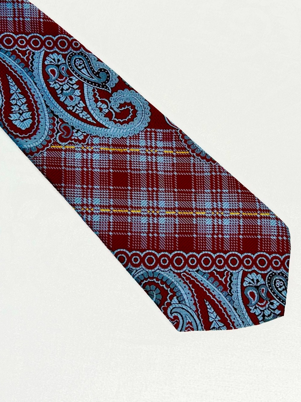 Vintage 70s Wide Burgundy and Light Blue Paisley Plaid Tartan Tie